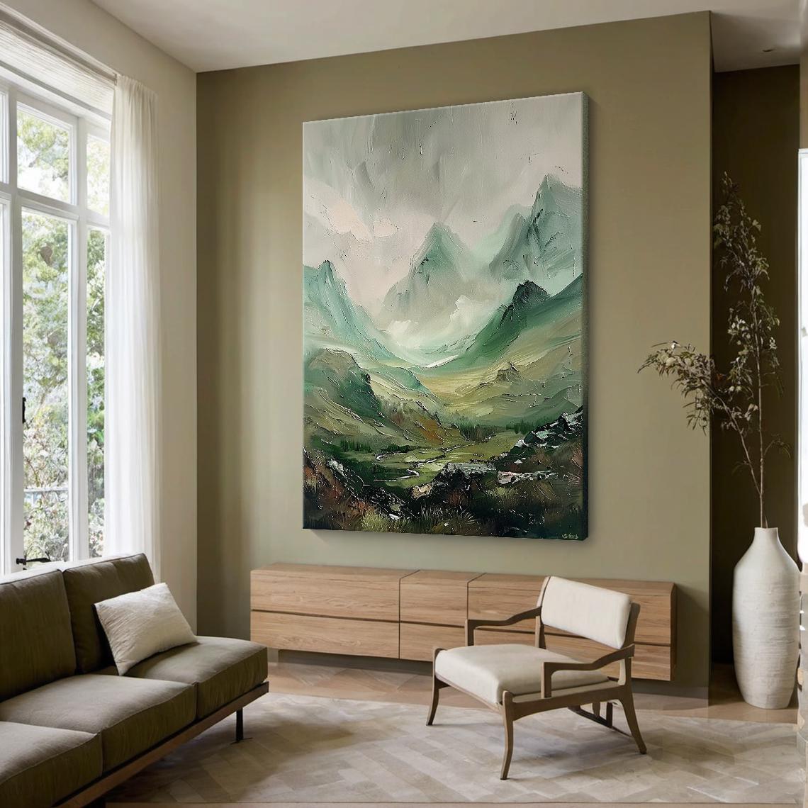 Original Mountain Green Wall Art 3d Textured Minimalist Landscape Oil ...