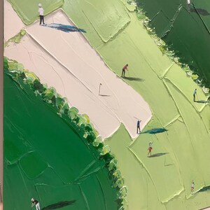 May include: An oil painting on canvas featuring an aerial view of a golf course with thick, textured impasto brushstrokes in various shades of green. Small figures of golfers are positioned across the landscape, casting dark shadows on the grass.