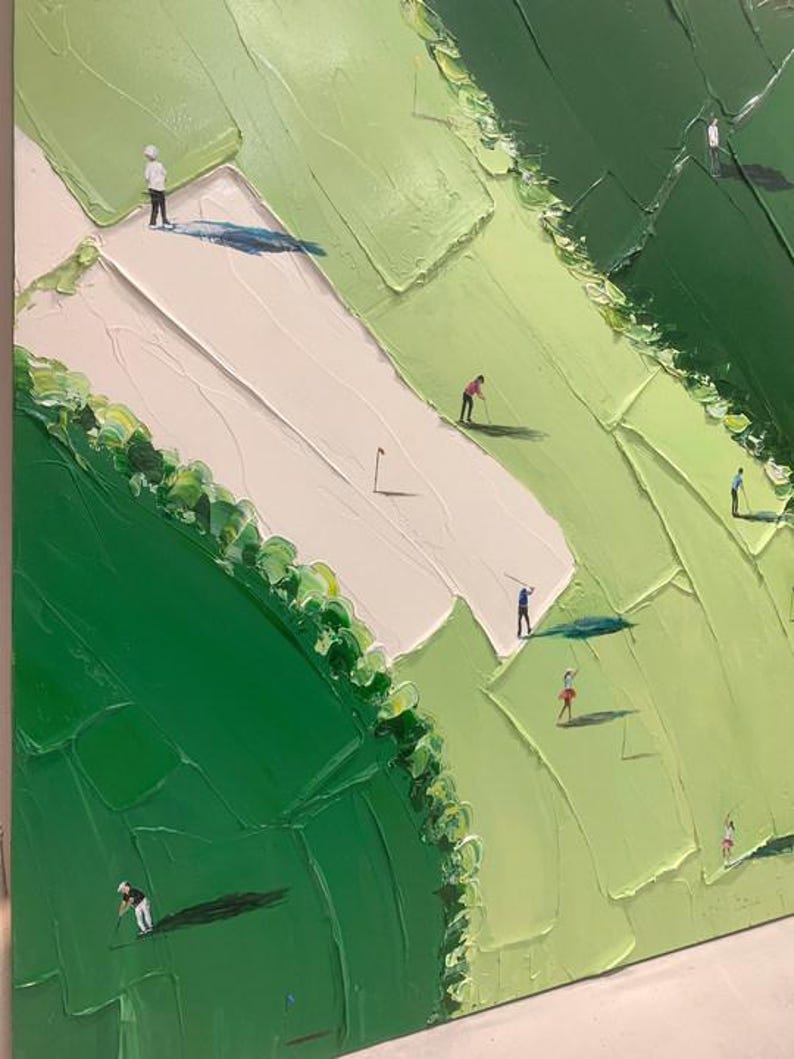 May include: An oil painting on canvas featuring an aerial view of a golf course with thick, textured impasto brushstrokes in various shades of green. Small figures of golfers are positioned across the landscape, casting dark shadows on the grass.