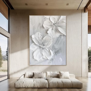 3D Textured White Flower Canvas Wall Art Large White Art Wall Floral Oil Painting Neutral Modern Artwork for Living Room Bedroom Home Decor