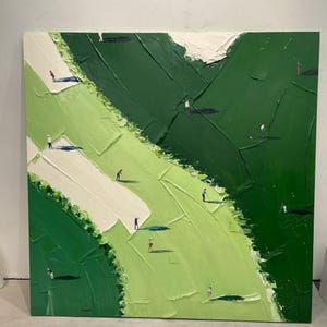 May include: A square oil painting on canvas featuring an aerial view of a golf course with thick, textured impasto brushstrokes. The landscape is composed of various shades of green and cream, with small figures of golfers casting dark shadows.