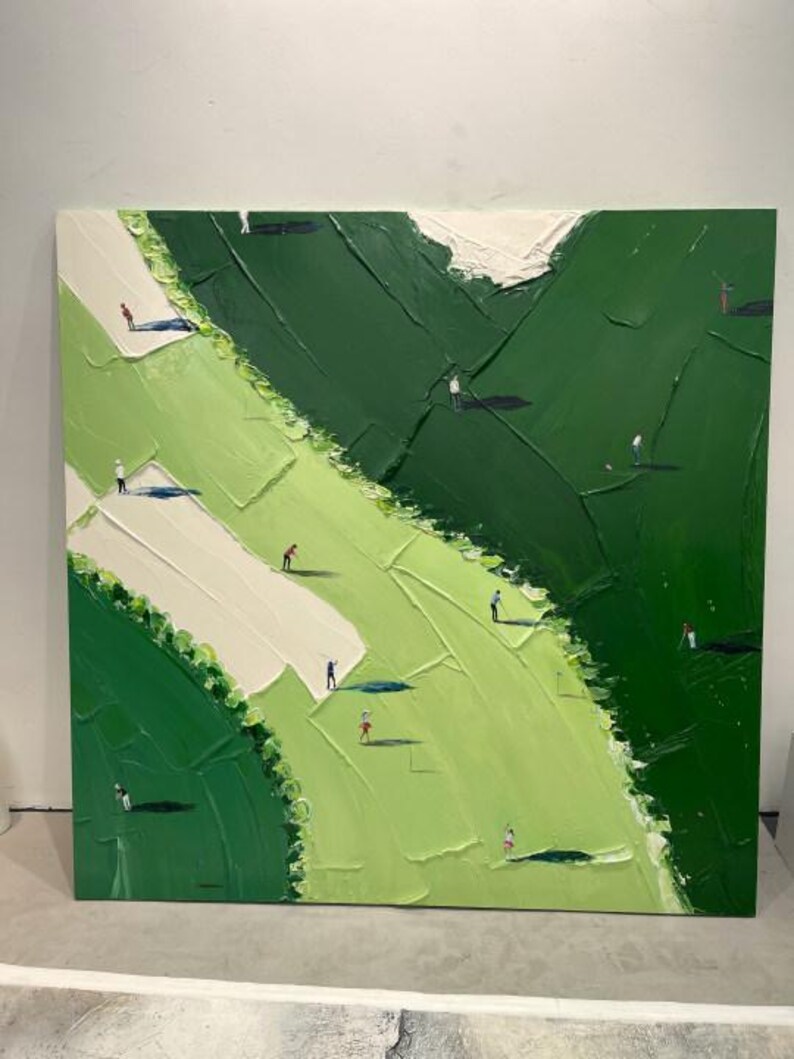 May include: A square oil painting on canvas featuring an aerial view of a golf course with thick, textured impasto brushstrokes. The landscape is composed of various shades of green and cream, with small figures of golfers casting dark shadows.