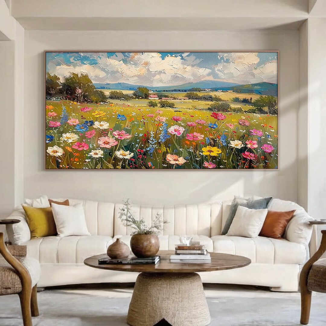 Large Vintage Floral Landscape Wall Art Wildflower Field Canvas ...