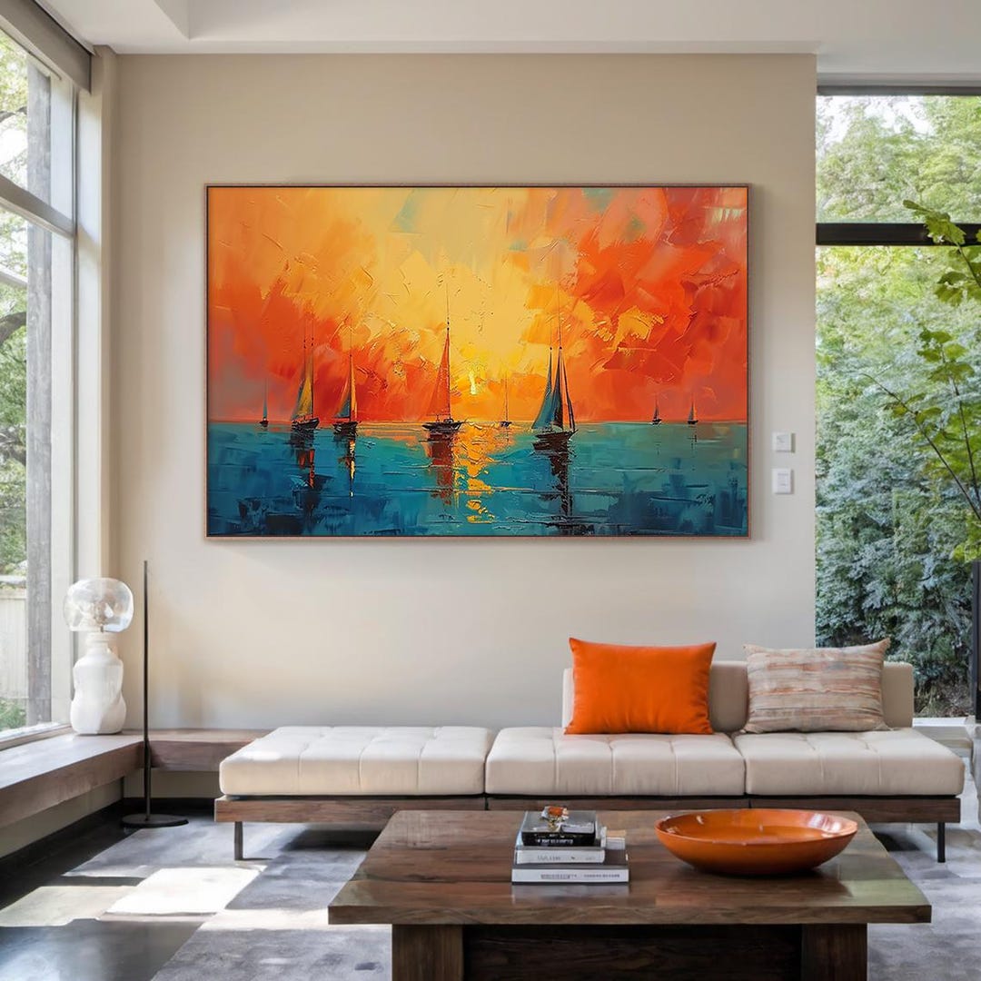 Large Color Orange Canvas Abstract Oil Painting Original Seascape ...