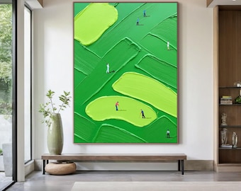 Peinture abstraite de golf sur toile, art mural sport moderne, grande oeuvre d'art texturée verte, décoration de golf faite main pour bureau à domicile