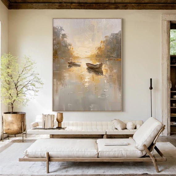 Neutral Abstract Lake Painting, Vertical Landscape Wall Art, Large Textured Canvas Art for Living Room Decor