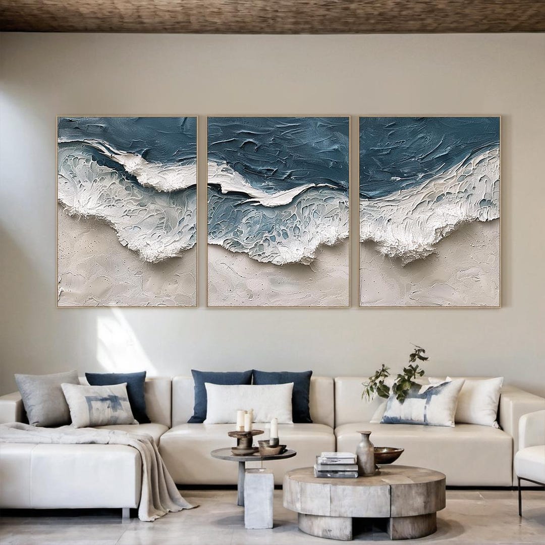 Ocean Wave Oil Paintings, Textured Seascape Art in Blue and White ...