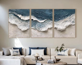 Ocean Wave Oil Paintings, Textured Seascape Art in Blue and White, Abstract Coastal Wall Decor, Modern Beach Landscape for Living Room