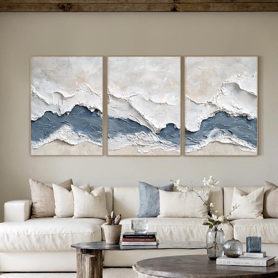 Set of 3 Ocean Wave Oil Paintings, Textured Coastal Wall Art Set, Modern Japandi Home Decor