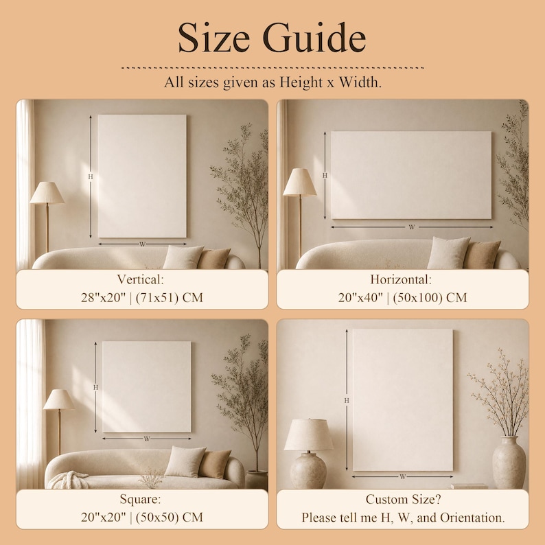 Peut inclure: Un guide des tailles pour art mural pr&eacute;sentant quatre panneaux illustrant des orientations verticale, horizontale, carr&eacute;e et personnalis&eacute;e. Chaque panneau montre une toile vierge au-dessus d'un canap&eacute; avec des dimensions en cm.