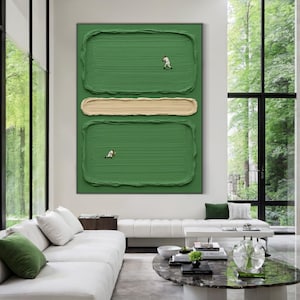 Green Textured Minimalist Wall Art, Green Beige Abstract Canvas Oil Painting, Geometric Plaster Canvas for  Living Room or Office Decor