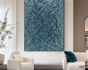 Blue Abstract Oil Painting on Canvas, Large Wall Art, Modern Abstract Texture Art, Colorful Wall Art for Living Room, Blue Painting