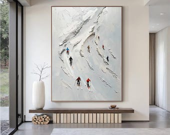 Peinture à l'huile abstraite sur toile de ski, art mural texturé sports d'hiver, grande décoration de chalet de ski moderne, oeuvre d'art montagne enneigée