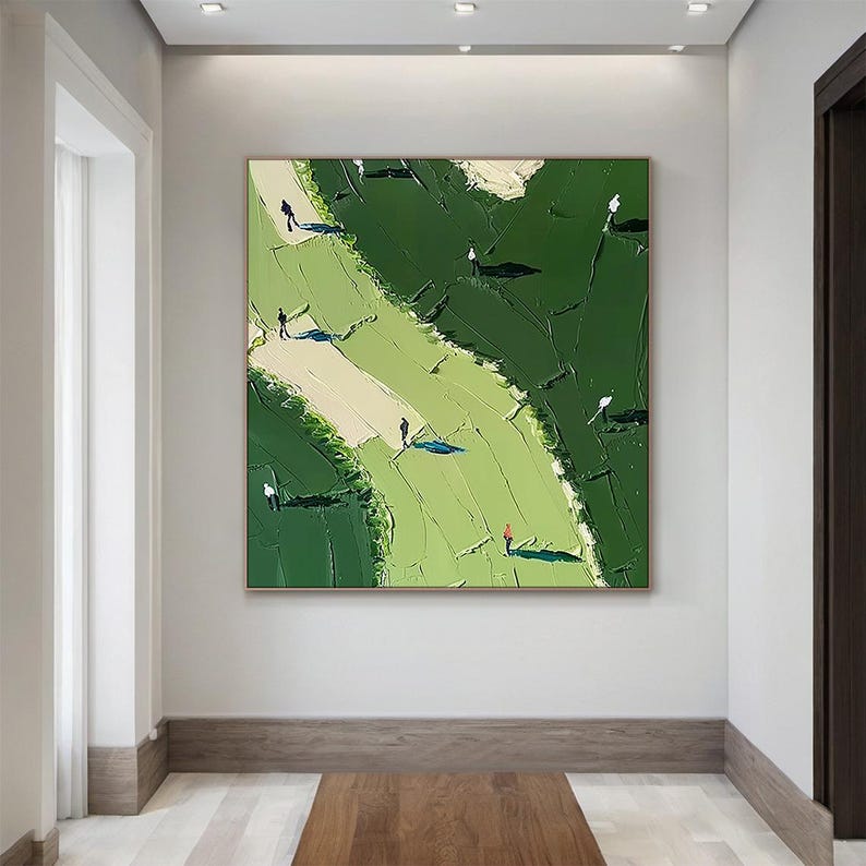May include: A square canvas painting featuring an abstract landscape in shades of dark and light green. The textured surface depicts winding paths in pale cream and light green, populated by small, stylized figures in black and one in red.