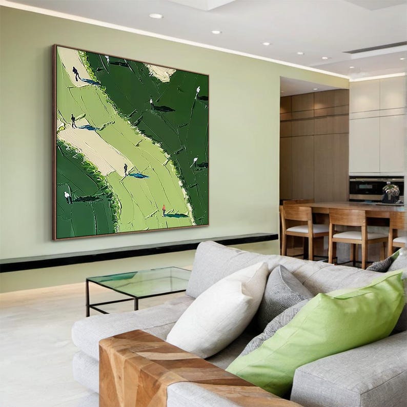 May include: A large rectangular wall art piece featuring an abstract landscape painting with thick, textured brushstrokes in various shades of green and cream. The composition depicts winding paths and small, dark figures scattered across the canvas.