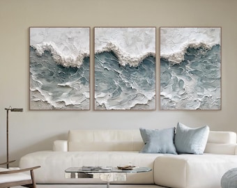 Set of 3 Wall Art Abstract Ocean Oil Painting , Blue and White Seascape Canvas Minimalist Coastal Art for Above Bed Decor