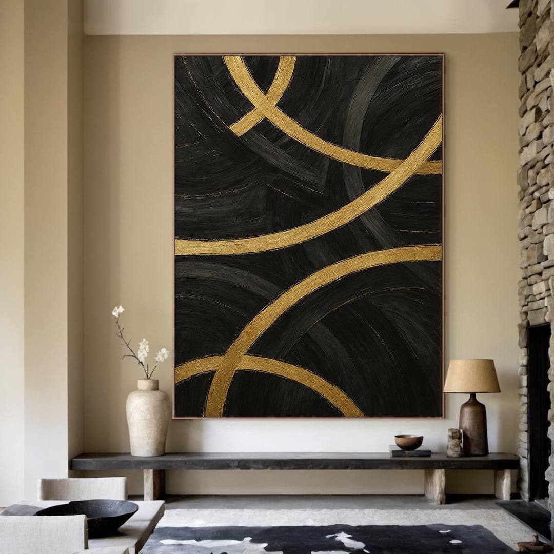 Textured Geometric Design For Walls Reference: Modern Black And Gold Abstract Art Textured Geometric Painting On