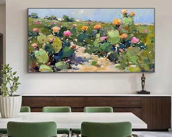 Original Green Cactus Flower Oil Painting – Abstract Botanical Wall Art on Canvas, Hand-Painted Modern Floral Artwork for Living Room Decor