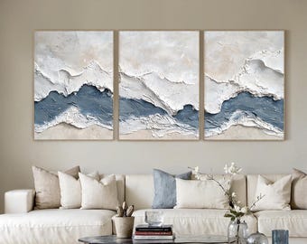 Set of 3 Ocean Wave Oil Paintings, Abstract Coastal Wall Art, Textured Beach Landscape in Neutral Tones, Large Modern Living Room Decor
