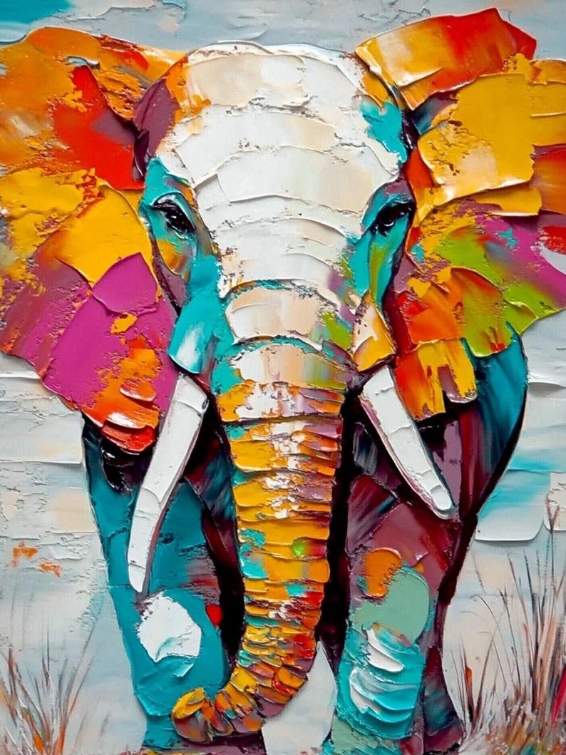 Colorful Elephant Oil Painting, Vibrant Animal Portrait Painting