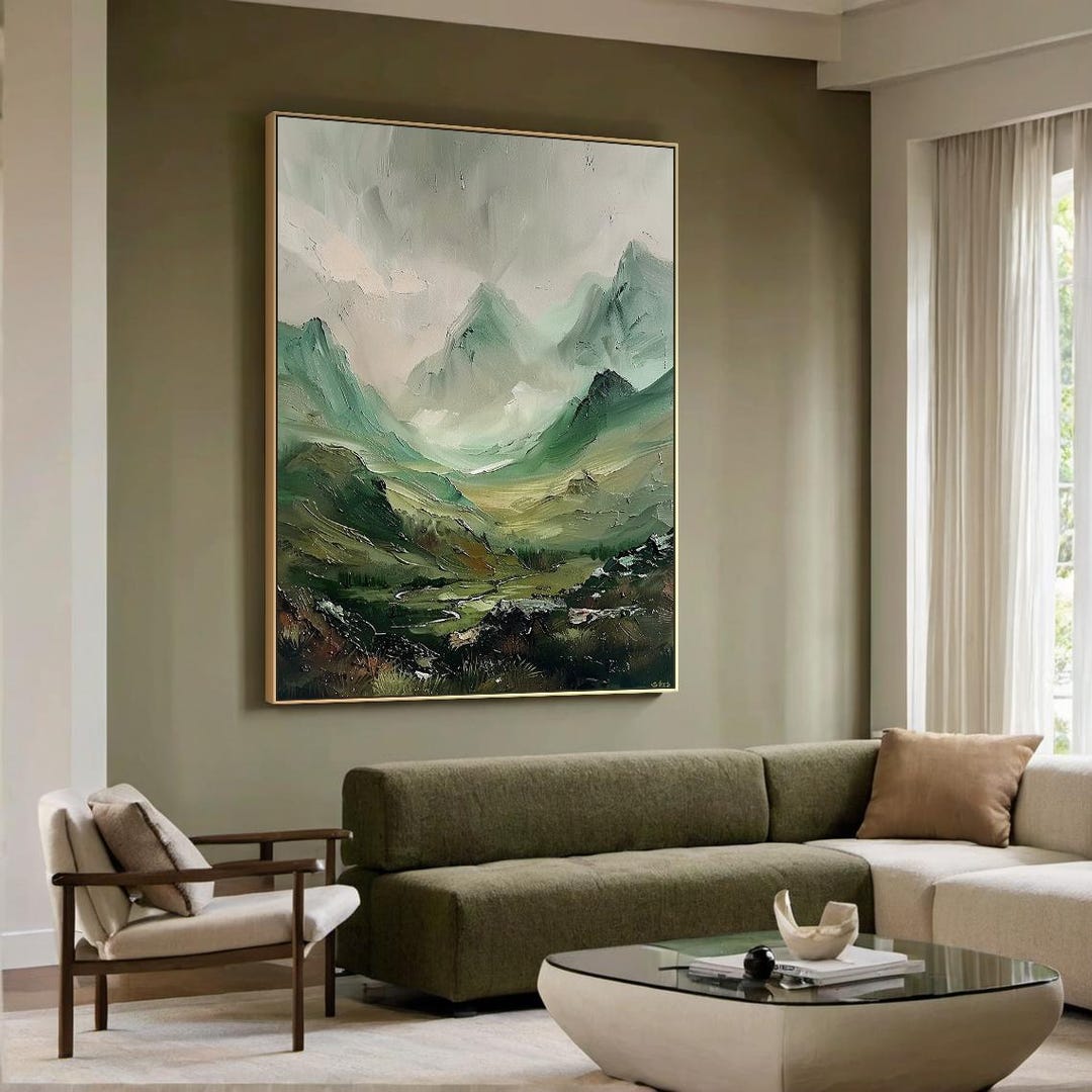 Original Mountain Green Wall Art 3d Textured Minimalist Landscape Oil ...