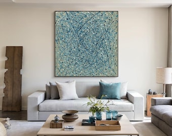 Blue Abstract Oil Painting on Canvas, Large Wall Art, Modern Abstract Texture Art, Colorful Wall Art for Living Room, Blue Painting