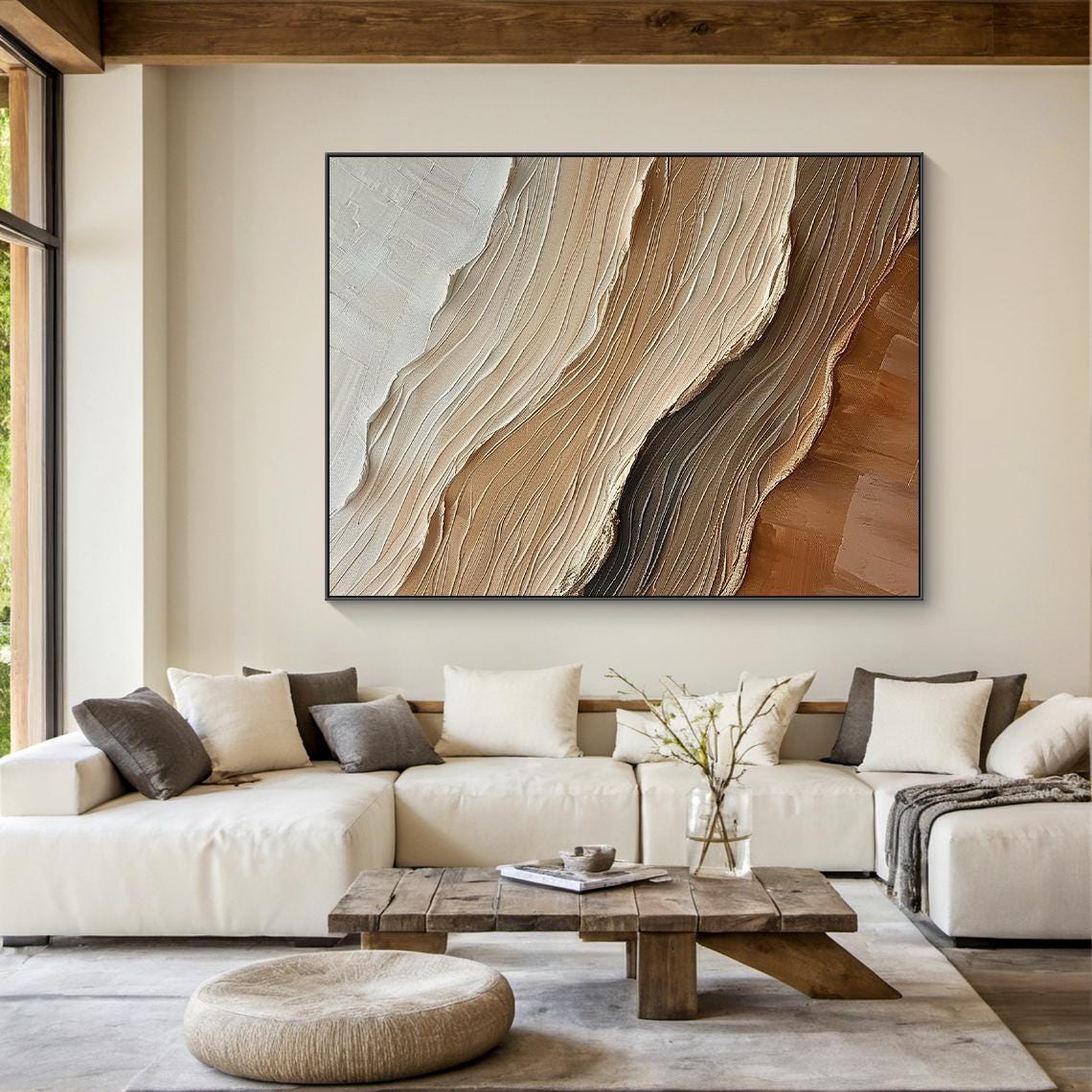 3D Textured Wall Art Abstract Large Beige Canvas Oil Painting Plaster ...