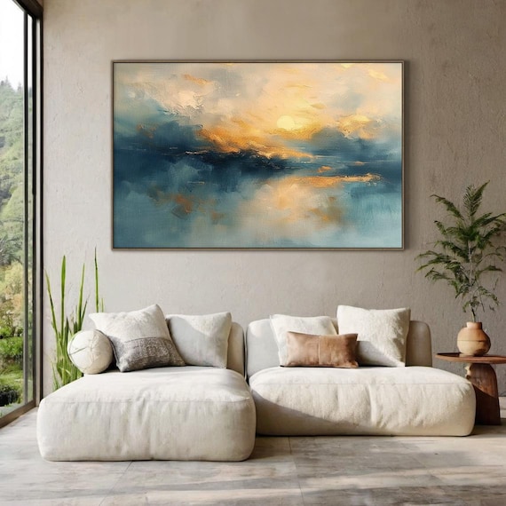 Handmade Sunset Oil Painting on Canvas, Large Textured Landscape Wall Art, Minimalist Wall Decor for Living Room