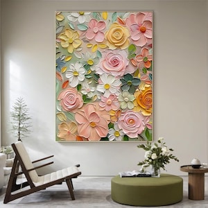 Original Pink Flower Oil Painting on Canvas, Abstract Floral Painting, Boho Wall Art, Modern Floral Acrylic Painting Living Room Wall Decor