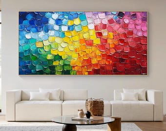 Large Colorful Textured Abstract Oil Painting on Canvas, Rainbow 3D Wall Art for Living Room, Bold Modern Abstract Wall Decor
