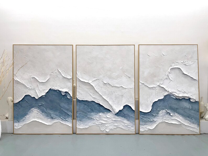 Set of 3 Ocean Wave Oil Paintings, Textured Coastal Wall Art Set, Modern Japandi Home Decor image 17