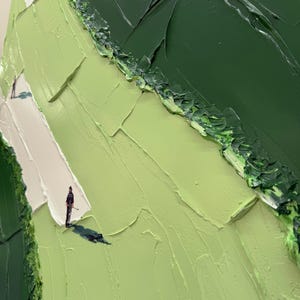 May include: An oil painting featuring a landscape with thick, textured impasto brushstrokes in various shades of green, ranging from light lime to deep forest tones. Small, solitary figures are depicted standing on white patches of land.