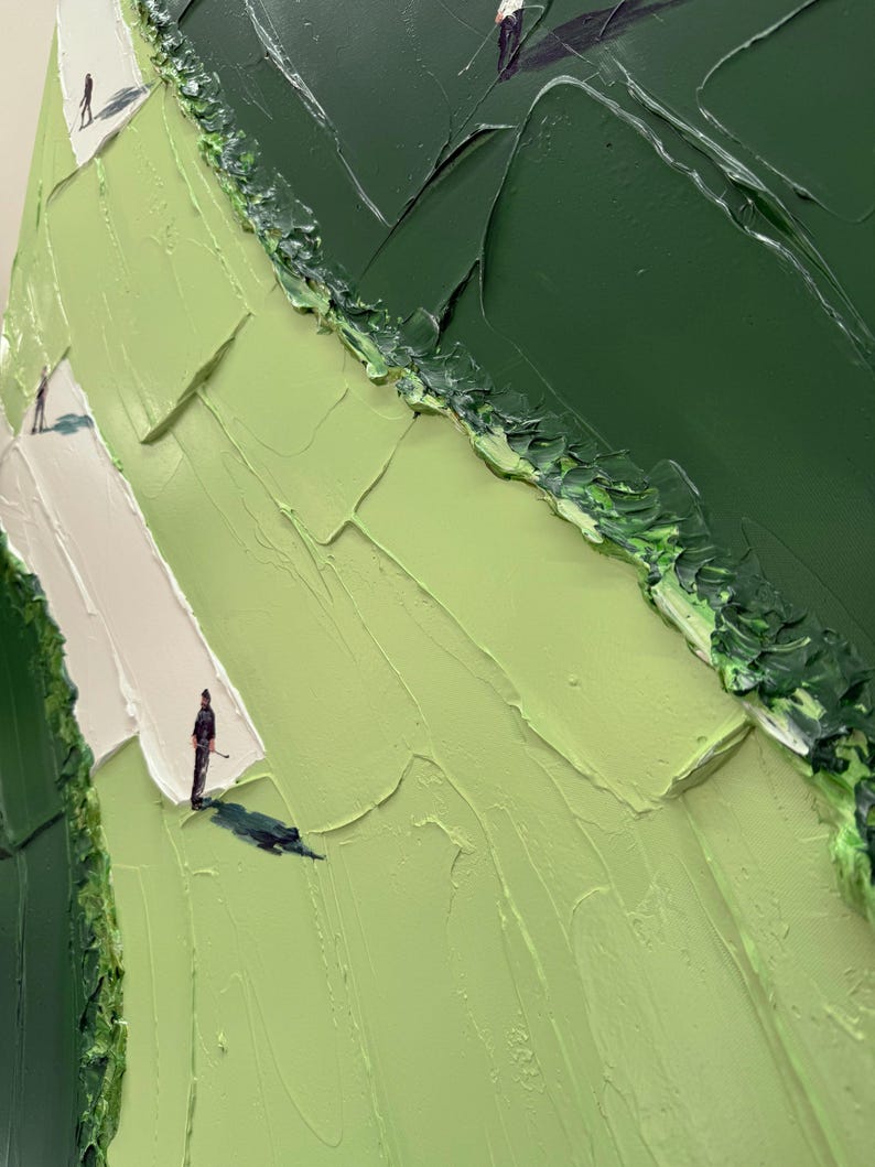 May include: An oil painting featuring a landscape with thick, textured impasto brushstrokes in various shades of green, ranging from light lime to deep forest tones. Small, solitary figures are depicted standing on white patches of land.