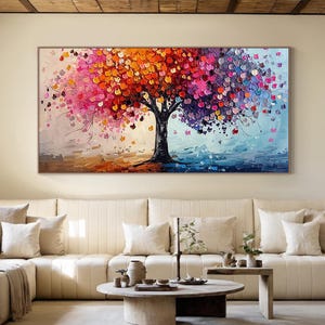 Colorful Autumn Tree Oil Painting, Modern Abstract Wall Art, Thick Impasto Art for Living Room, Nature Inspired Vibrant Tree Art Canvas