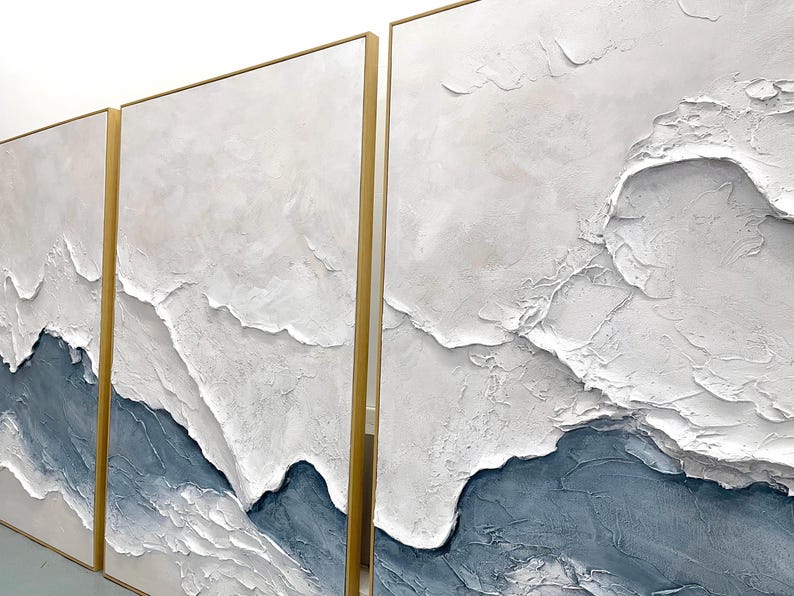 Set of 3 Ocean Wave Oil Paintings, Textured Coastal Wall Art Set, Modern Japandi Home Decor image 19