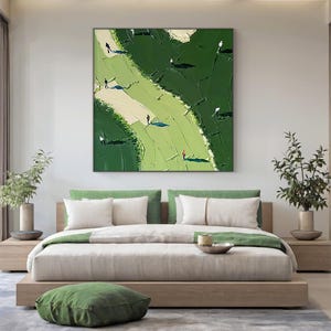 May include: A square canvas painting featuring an abstract landscape with thick, textured impasto brushstrokes in shades of forest green, olive, and cream. Small, stylized figures in black and red are scattered across the green terrain.
