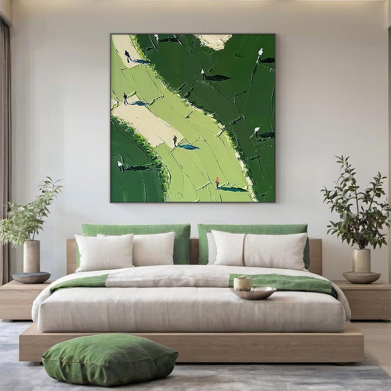May include: A square canvas painting featuring an abstract landscape with thick, textured impasto brushstrokes in shades of forest green, olive, and cream. Small, stylized figures in black and red are scattered across the green terrain.