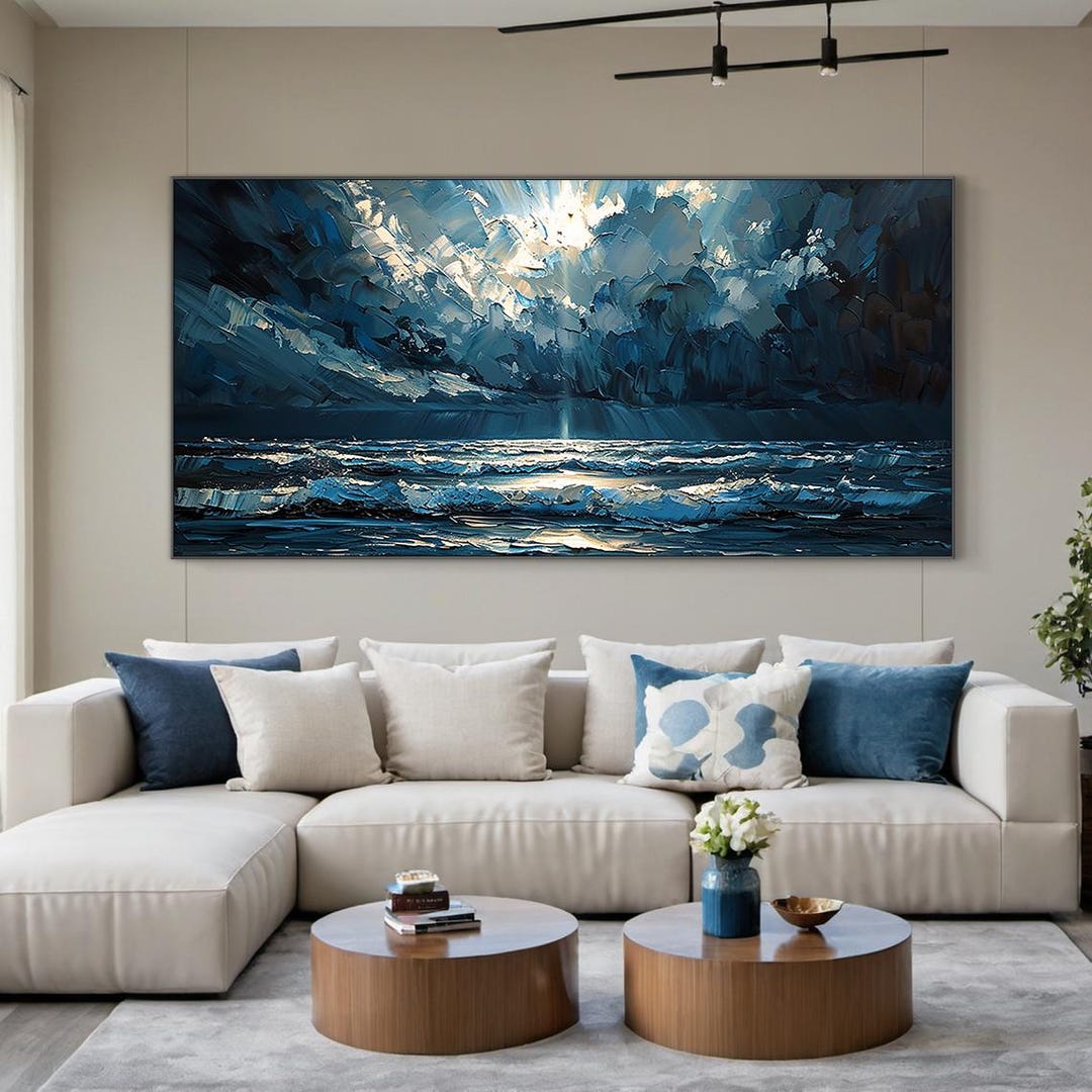 Blue Ocean Oil Painting on Canvas, Large Coastal Wall Art, Abstract ...
