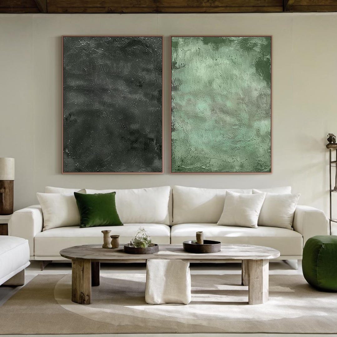 Textured Wall Art Green Abstract Painting Set of 2 Minimalist Wabi Sabi ...