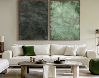 Textured Wall Art Green Abstract Painting Set of 2 Minimalist Wabi Sabi Wall Decor Neutral Textured Art Plaster Art for Living Room