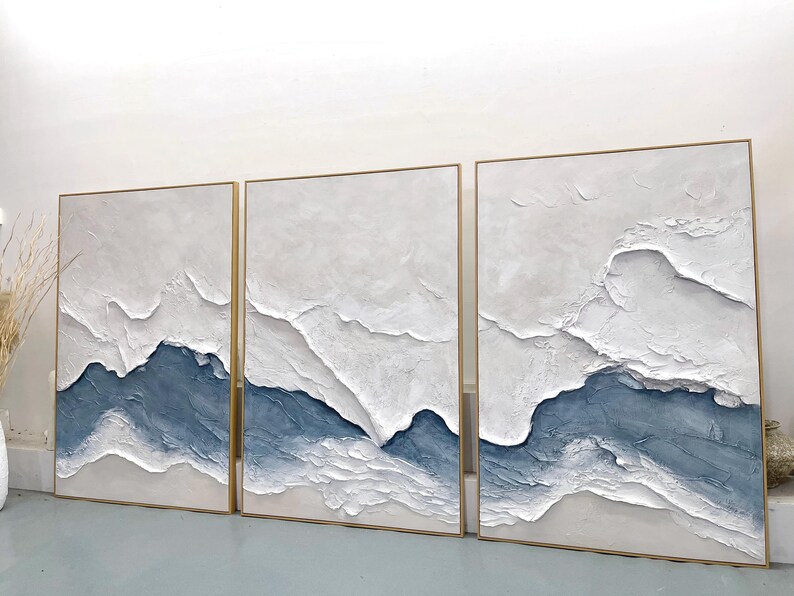 Set of 3 Ocean Wave Oil Paintings, Textured Coastal Wall Art Set, Modern Japandi Home Decor image 18