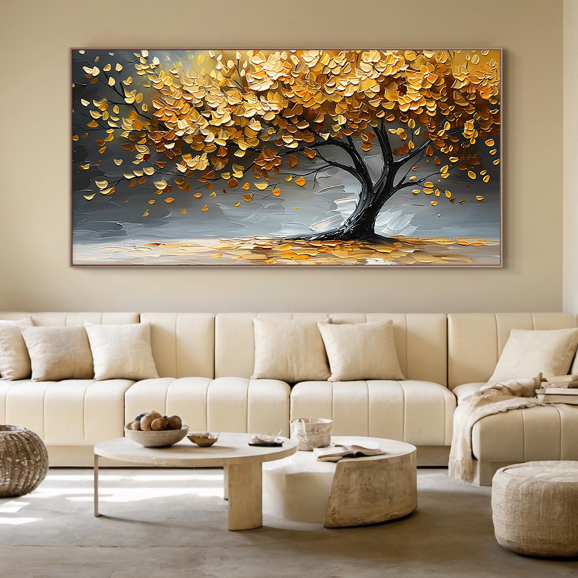 Original Oil Painting on Canvas, Golden Tree Artwork, Autumn Nature Wall Art, Textured Landscape Hand-painted Canvas, Fall Home Decor Gift