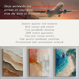 May include: Three abstract paintings with textured surfaces. The first features beige and brown tones, the second has pink, orange, and gray hues, and the third depicts a beach scene with blue water and green cliffs. The image also includes text about the artwork.