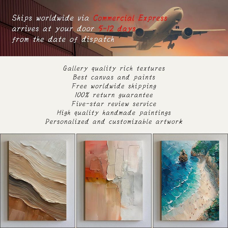 May include: Three abstract paintings with textured surfaces. The first features beige and brown tones, the second has pink, orange, and gray hues, and the third depicts a beach scene with blue water and green cliffs. The image also includes text about the artwork.