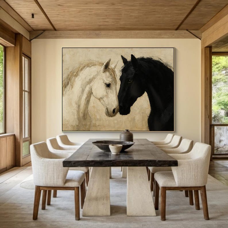 Abstract Black and White Horse Art, Textured Minimalist Canvas Painting ...