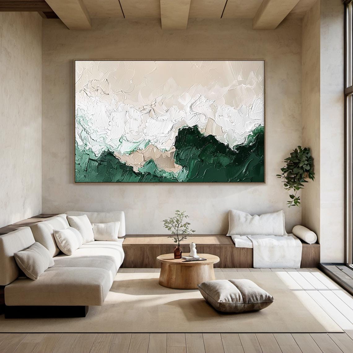 Sage Green Beige Minimalist Beach Painting Large 3D Textured Wall Art ...