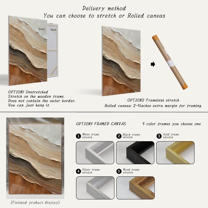 May include: An abstract art canvas print with textured layers in shades of brown, beige, and white. The image shows options for stretching or framing, including unstretched, frameless, and framed with white, black, gold, silver, or wood frames.