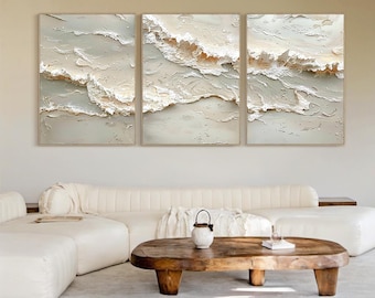 3 Piece Wall Art Ocean Textured Painting Beige Abstract Coastal Triptych Canvas Hand Painted Plaster Above Bed Decor