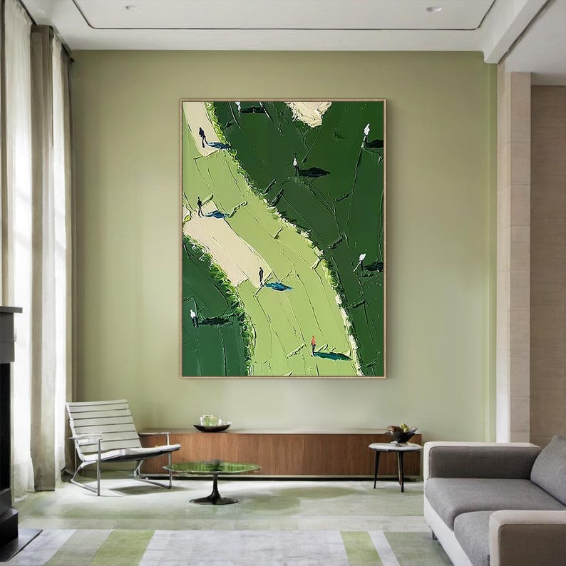 May include: A large rectangular canvas painting featuring an abstract landscape in shades of dark and light green with cream-colored paths. The artwork displays small, stylized figures in black and red scattered across the textured surface.