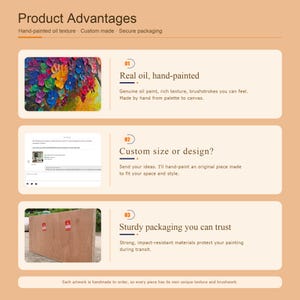 K&ouml;nnte beinhalten: Eine Infografik mit dem Titel Product Advantages, die drei Abschnitte enth&auml;lt. Abschnitt 01 zeigt ein farbenfrohes florales &Ouml;lgem&auml;lde. Abschnitt 02 zeigt eine digitale Chat-Oberfl&auml;che. Abschnitt 03 zeigt eine Holzkiste mit roten Warnaufklebern.